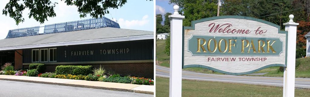 Fairview Township building and Roof Park sign